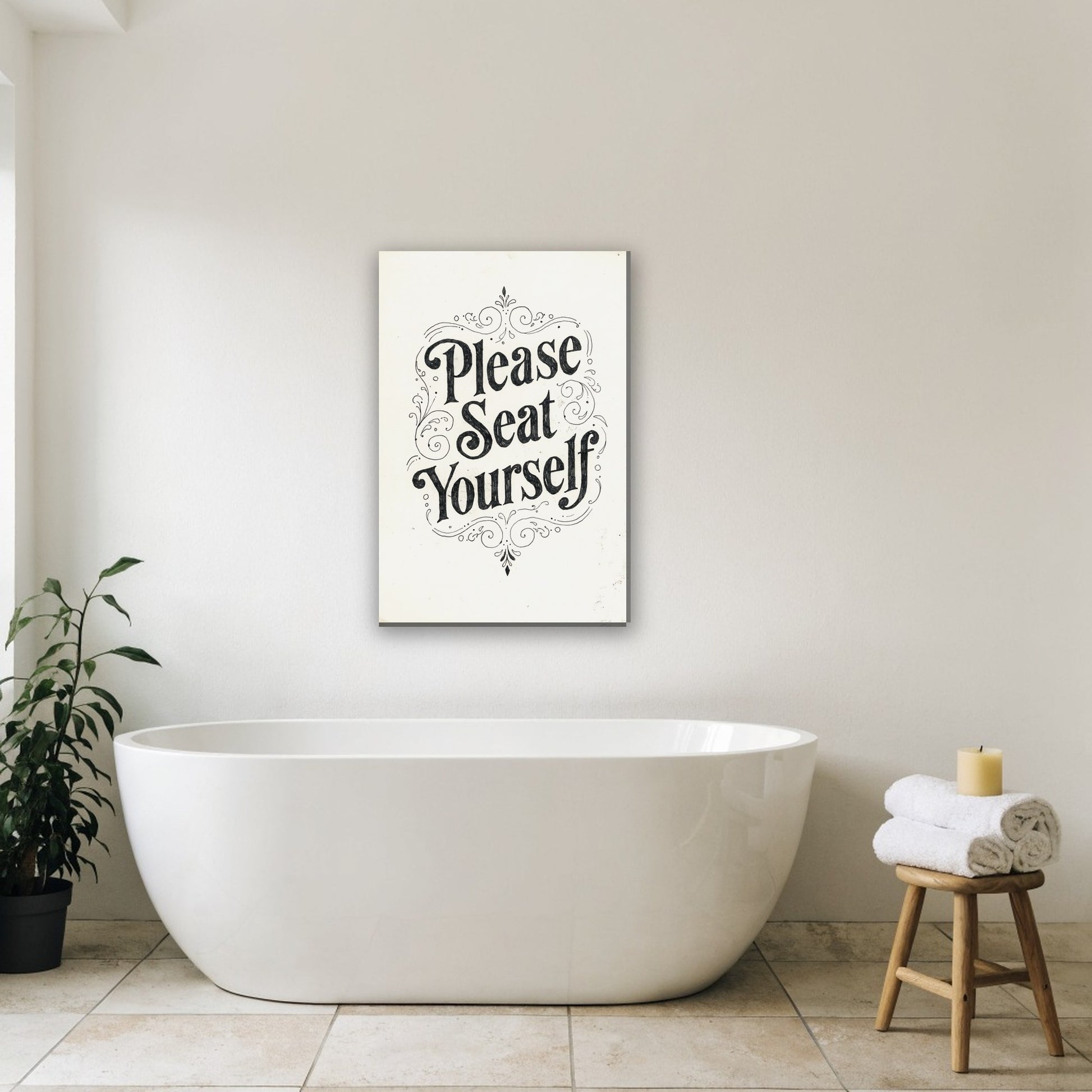 Please Seat Yourself bordje canvas schilderij aan de muur in de badkamer boven het bad