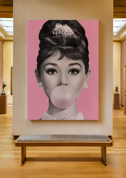 Rosa Kaugummi-Dame Elegante Hochsteckfrisur Pop-Art-Porträtgemälde