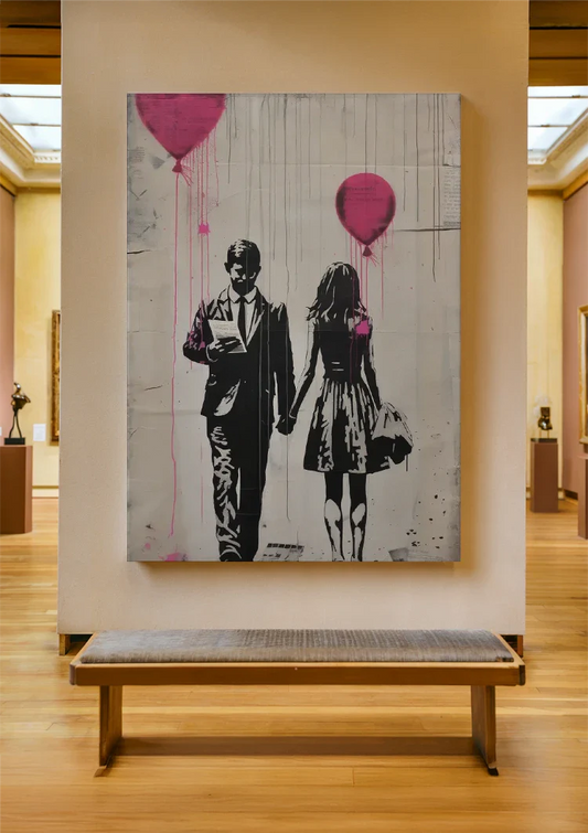 Koppel met roze ballonnen canvas schilderij aan de muur in de hal