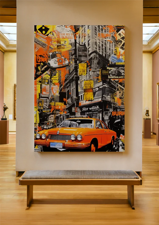 Oranje Vintage Auto Straatbeeld Pop Art Canvas Schilderij