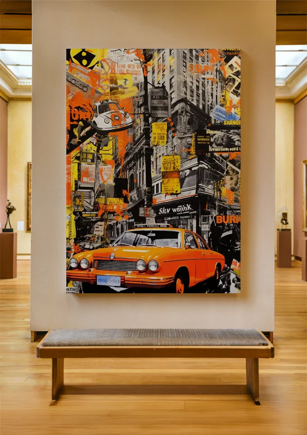 Orange Vintage Car Street Scene Pop Art Painting
