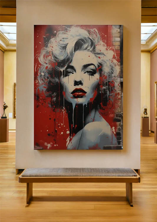 Vrouwenportret met rode lippen canvas schilderij aan de muur in de hal
