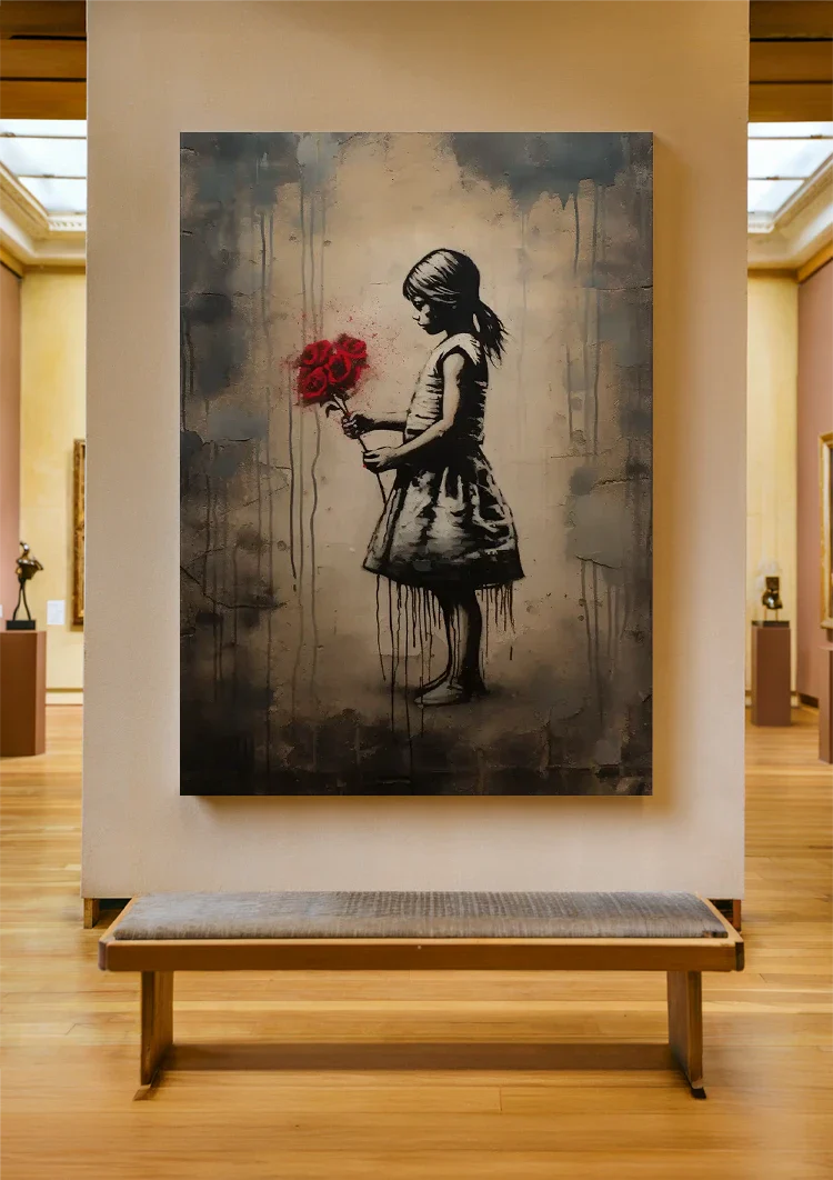 Girl Silhouette with Red Bouquet Street Art Style Painting