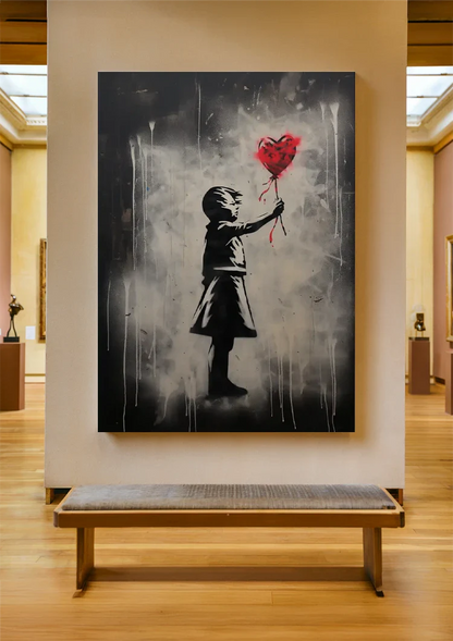 Girl Reaching for Red Heart Balloon Street Art Painting