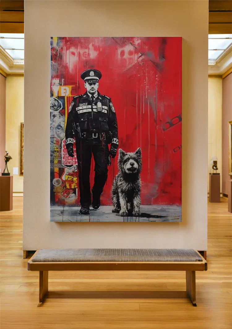 Policeman with Dog Red Graffiti Street Art Painting