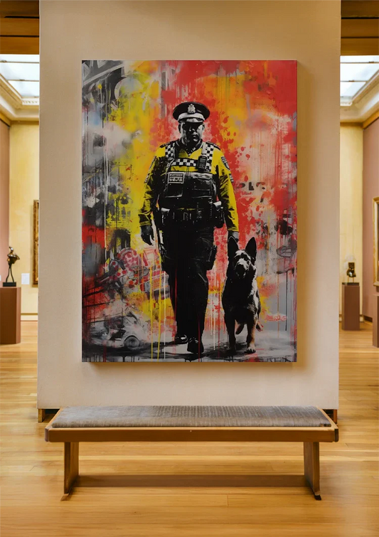 Politieagent met Herdershond Kleurrijke Graffiti Straatkunst Canvas Schilderij