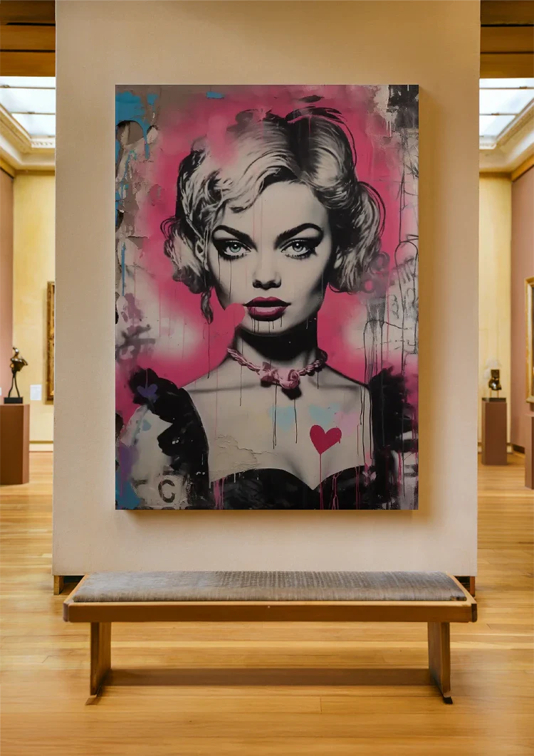 Frauenporträt Blondes Haar Rosa Herz Pop Art Graffiti Gemälde