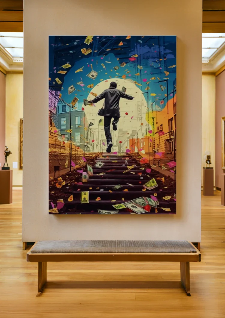 Happy Man Suit Stair Raining Banknotes Pop Art Painting