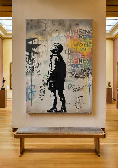 Boy by Graffiti Wall with Colorful Word Painting