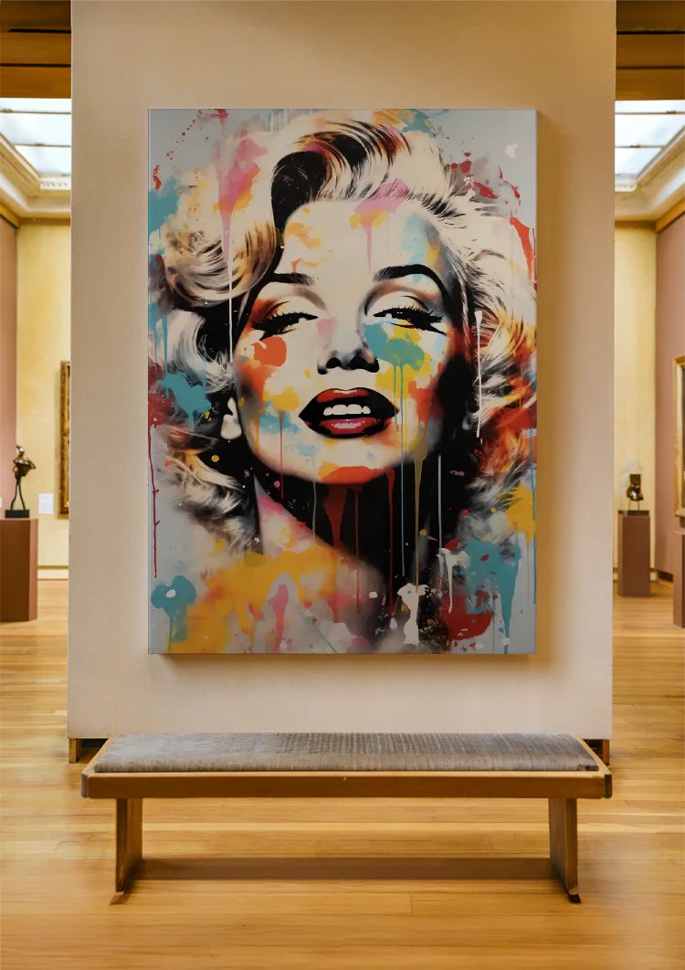 Iconic Woman Portrait Colorful Paint Splatters Pop Art Painting