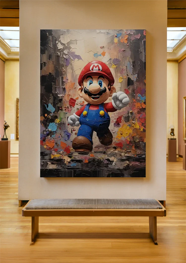 Kleurrijk Retro Gamefiguur Rode Pet Blauwe Overall Schilderij