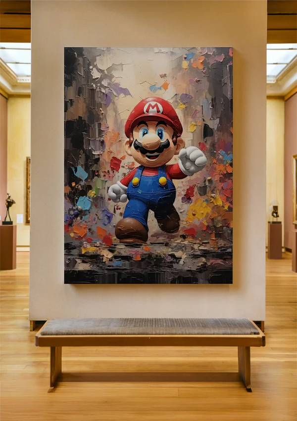 Kleurrijk Retro Gamefiguur Rode Pet Blauwe Overall Schilderij
