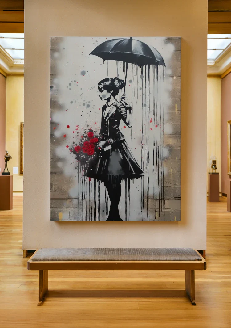 Elegant Lady with Umbrella and Red Roses Painting