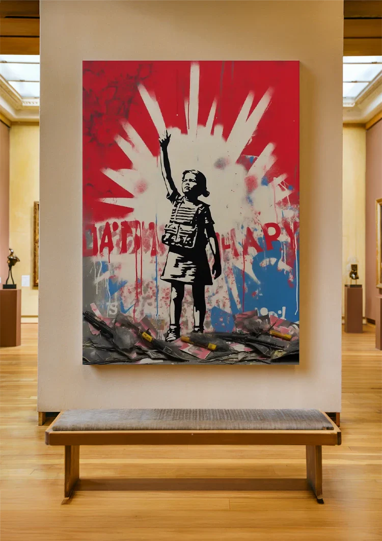 Child with Arm Up Stencil on Red Background Painting