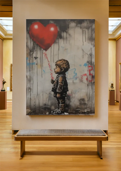Boy with Red Heart Balloon Banksy Style Realistic Painting