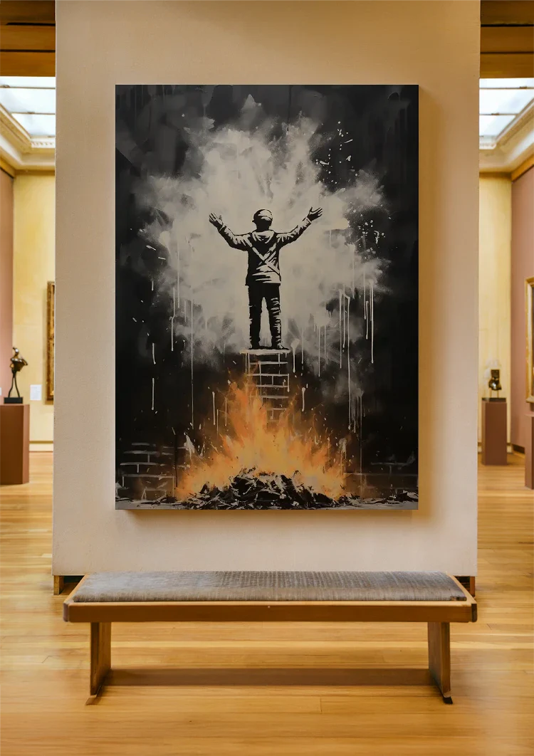 Figure on Ladder with Arms Up Over Flames Street Art Painting