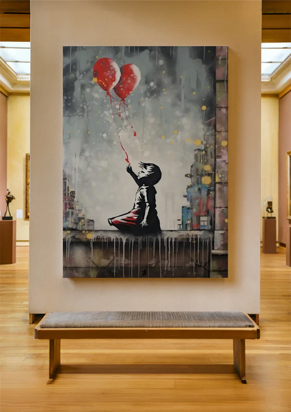 Child with Two Red Heart Balloons Banksy Style Painting