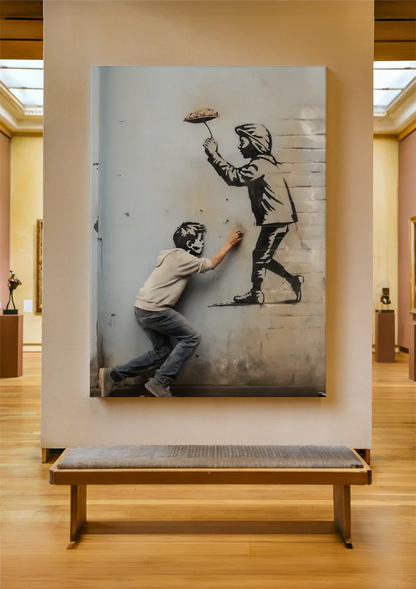 Boy Draws Figure on Wall Street Art Graffiti Painting