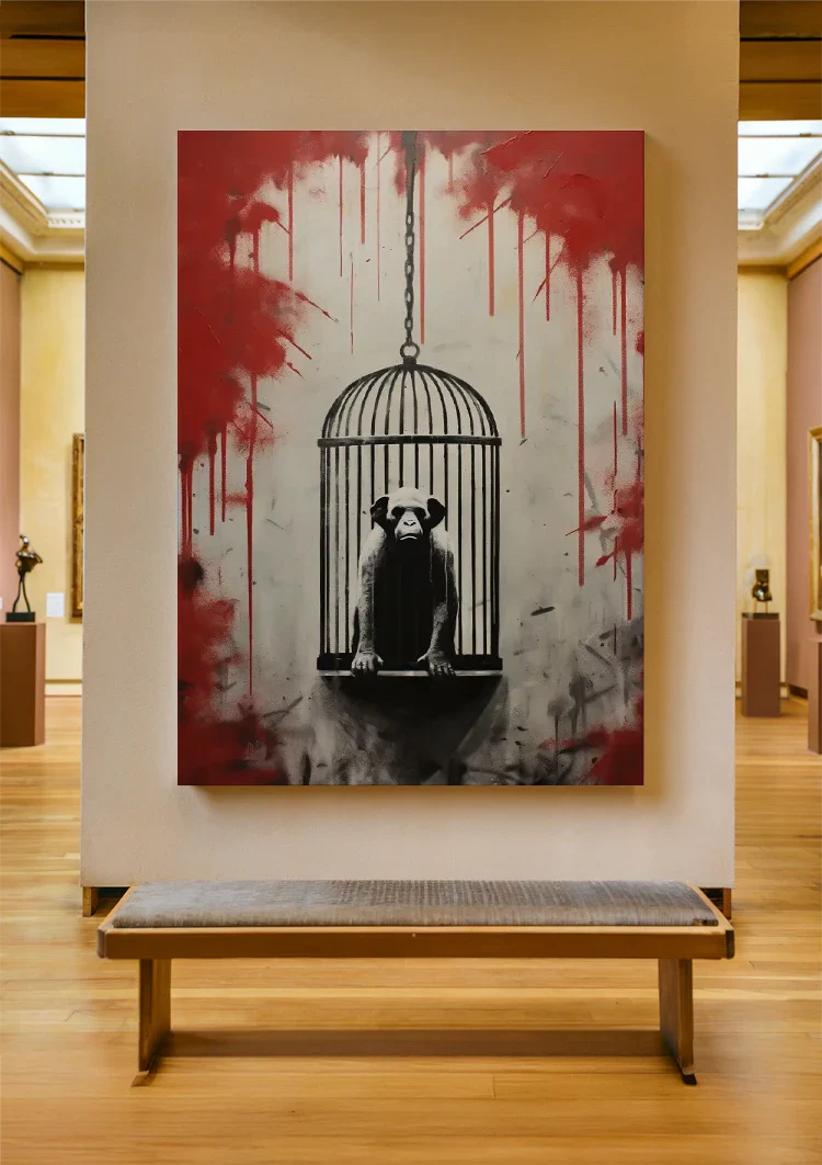 Monkey in Hanging Cage with Red Paint Drips Street Art Painting