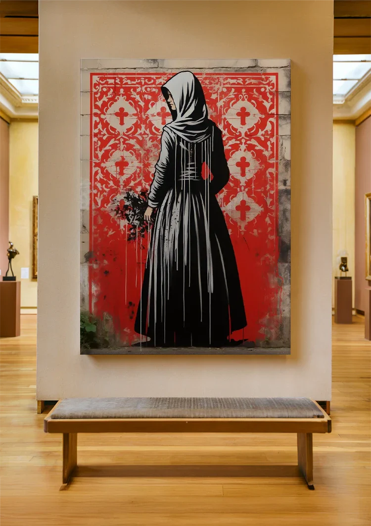 Figuur in Zwarte Mantel met Bloemen op Rode Achtergrond Schilderij