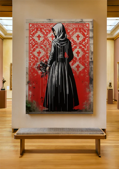 Figuur in Zwarte Mantel met Bloemen op Rode Achtergrond Schilderij