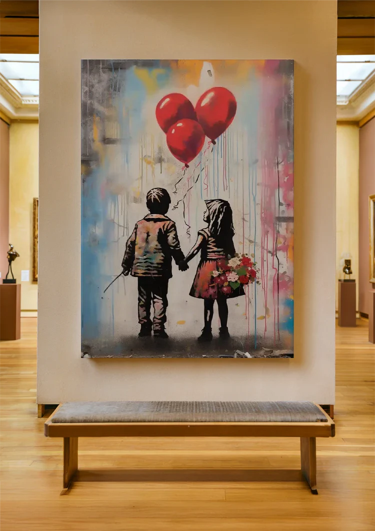 Zwei Kinder Hand in Hand Rote Herzballons Streetart Gemälde