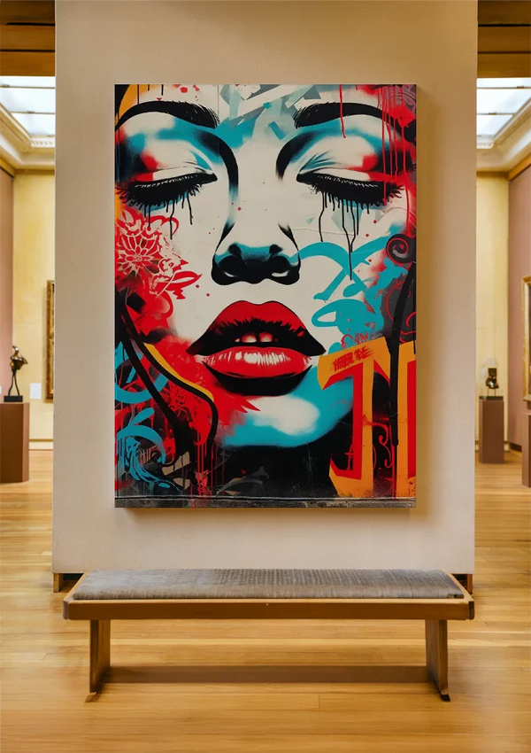 Woman's Face with Red Lips and Blue Tones Pop Art Painting