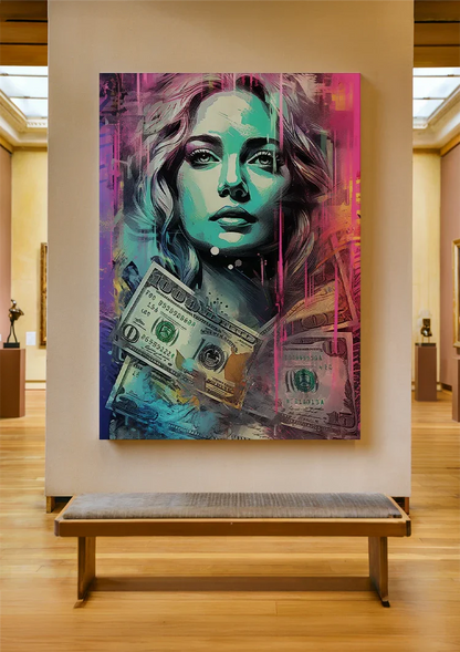 Woman with Dollar Bills Colorful Pop Art Painting