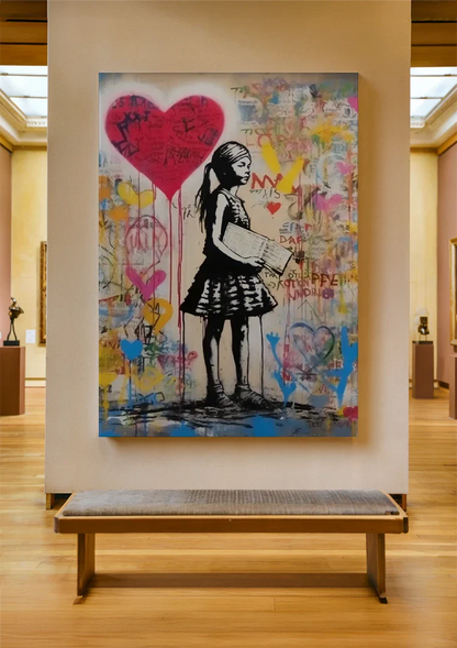 Girl with Red Heart Balloon on Colorful Graffiti Background Painting