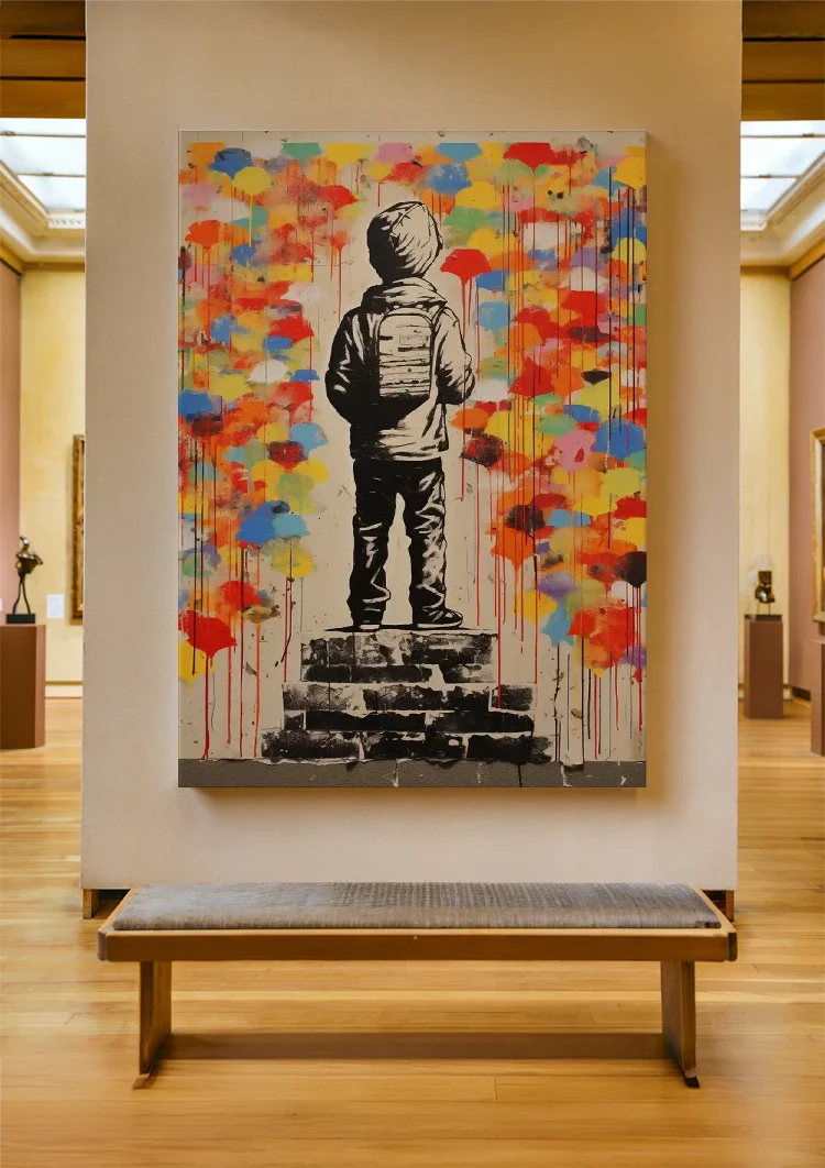 Child With Backpack Colorful Paint Drips Banksy Style Urban Street Art Painting