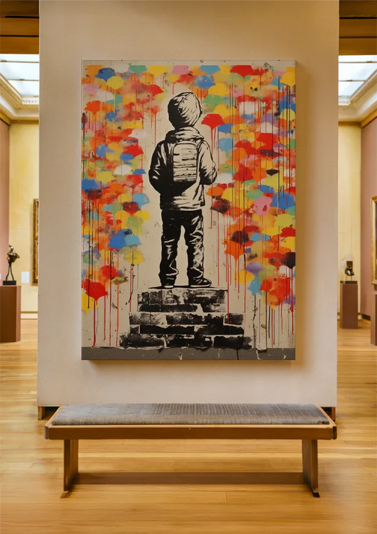 Kind met rugzak canvas schilderij aan de muur in de hal.
