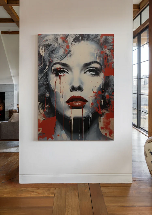 Vrouwenportret met rode lippen canvas schilderij aan de muur in de hal