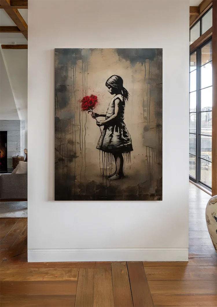 Girl Silhouette with Red Bouquet Street Art Style Painting