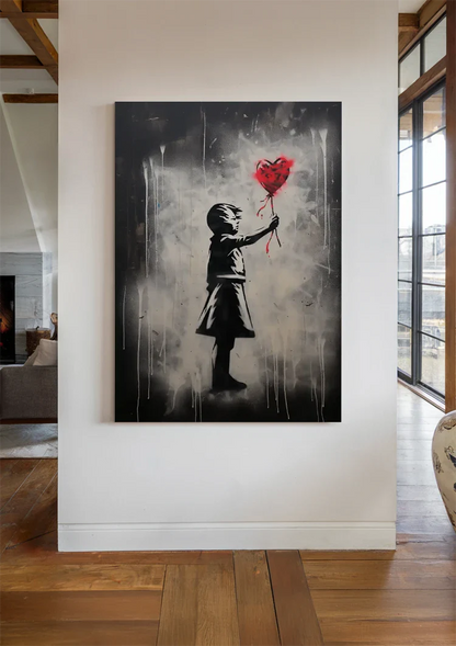 Girl Reaching for Red Heart Balloon Street Art Painting