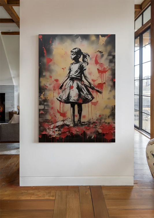 Meisje met rode vlinders canvas schilderij aan de muur in de hal