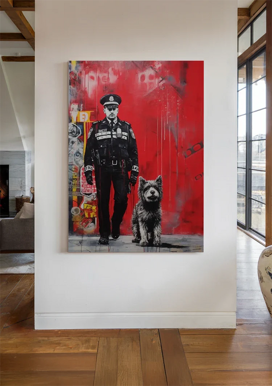 Politieagent met hond canvas schilderij aan de muur in de hal