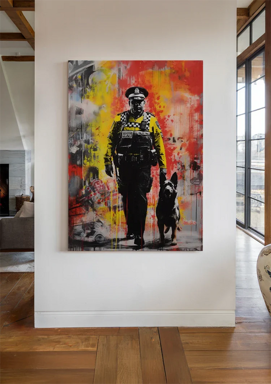 Politieagent met herdershond canvas schilderij aan de muur in de hal