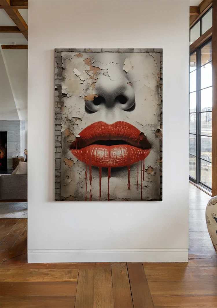 Rote Lippen Tropfendes Street-Art-Gesicht Verwitterte Mauer Grunge-Gemälde