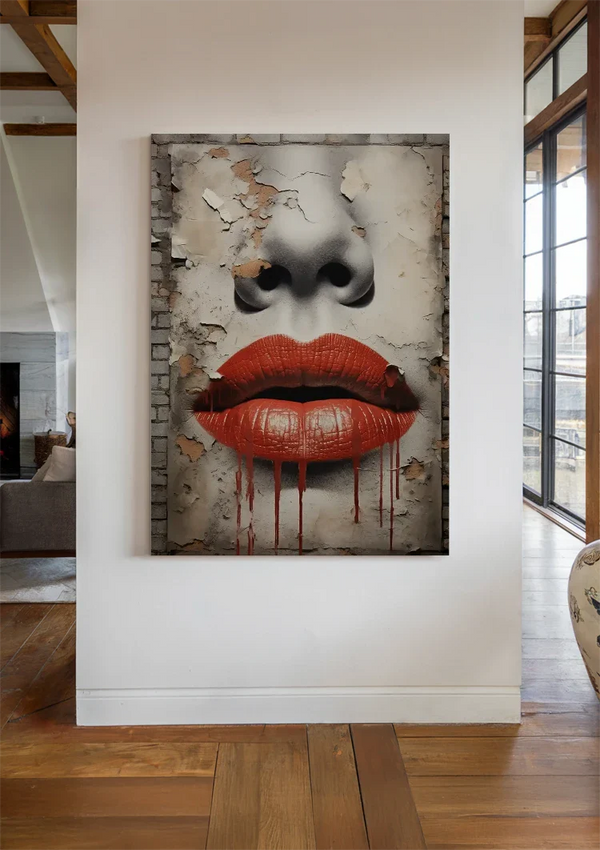 Rote Lippen Tropfendes Street-Art-Gesicht Verwitterte Mauer Grunge-Gemälde