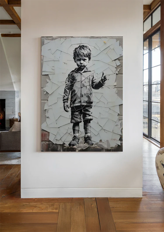 Jongen bij een straatmuur canvas schilderij aan de muur in de hal