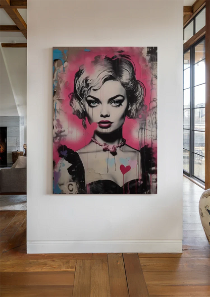 Frauenporträt Blondes Haar Rosa Herz Pop Art Graffiti Gemälde