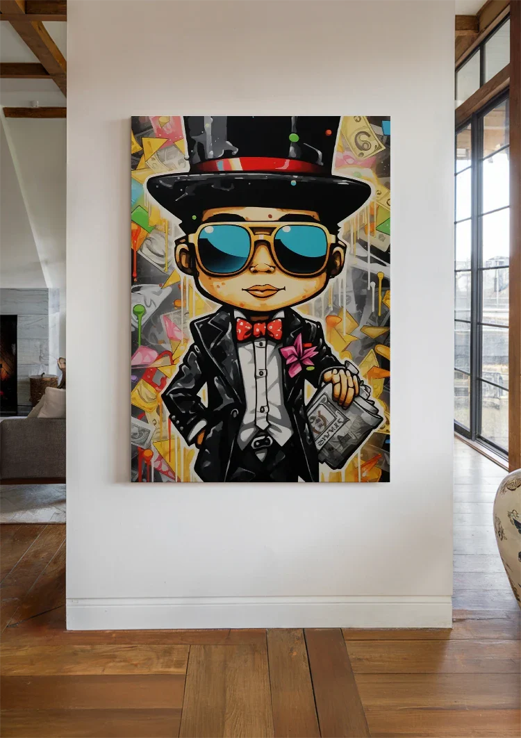 Dapper Man Black Suit Top Hat Sunglasses Newspaper Pop Art Painting