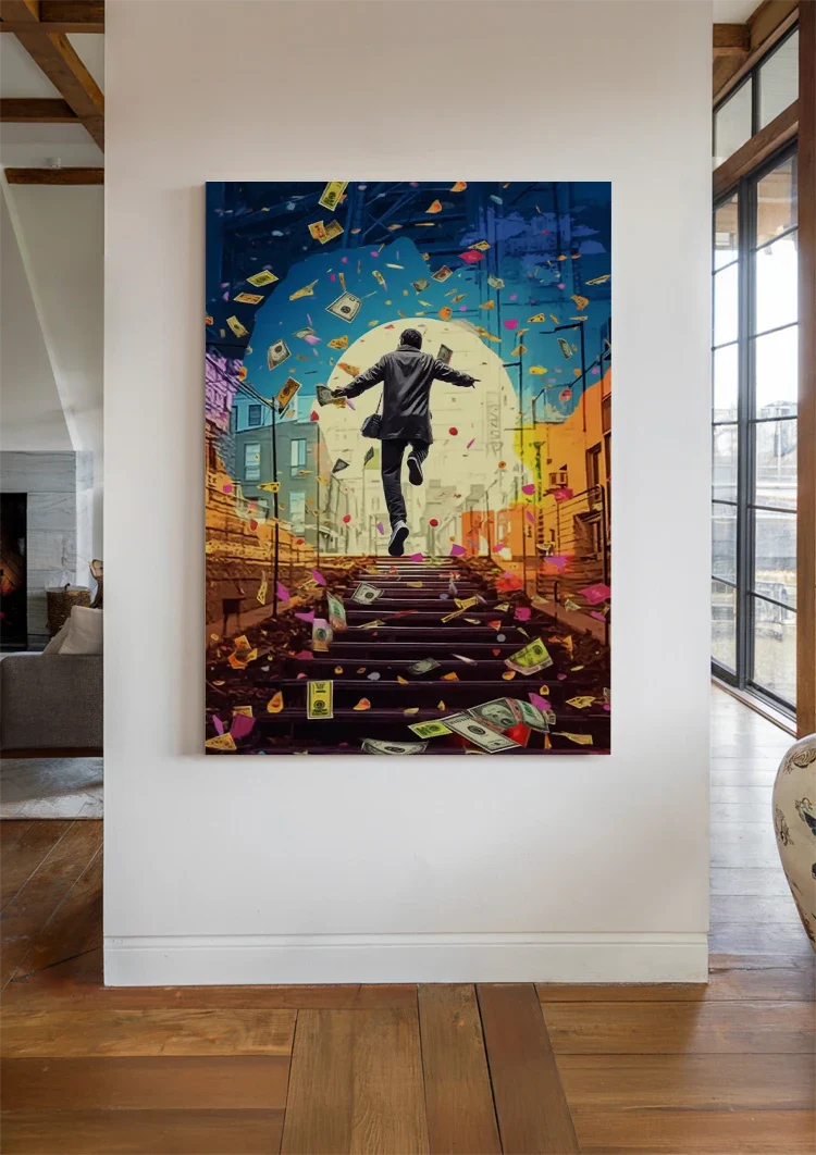 Happy Man Suit Stair Raining Banknotes Pop Art Painting