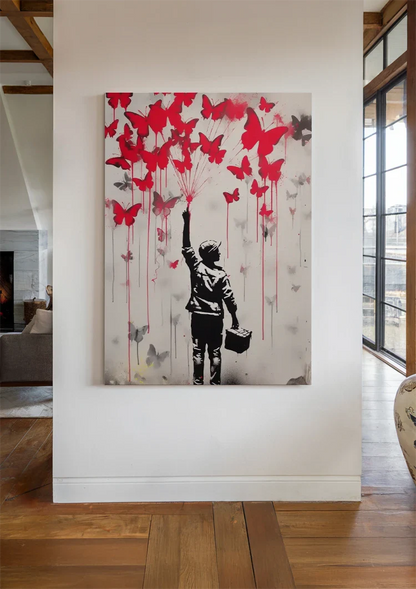 Junge mit roten Schmetterlingen Street Art Silhouettenbild