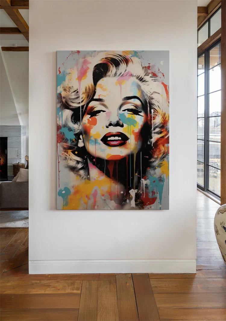 Iconic Woman Portrait Colorful Paint Splatters Pop Art Painting