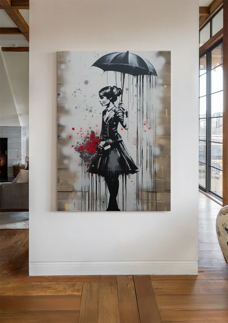 Elegant Lady with Umbrella and Red Roses Painting