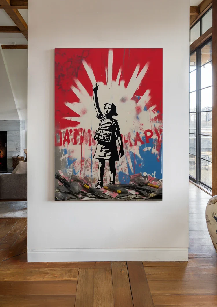 Child with Arm Up Stencil on Red Background Painting