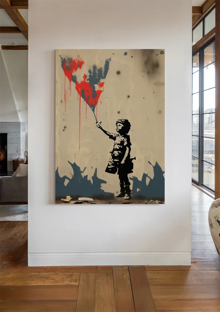 Child with Red Kite Banksy Style Street Art Painting