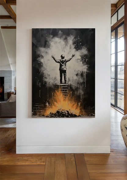 Figure on Ladder with Arms Up Over Flames Street Art Painting