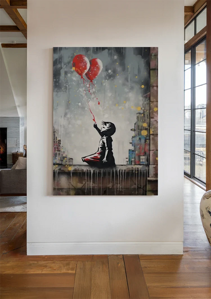 Child with Two Red Heart Balloons Banksy Style Painting